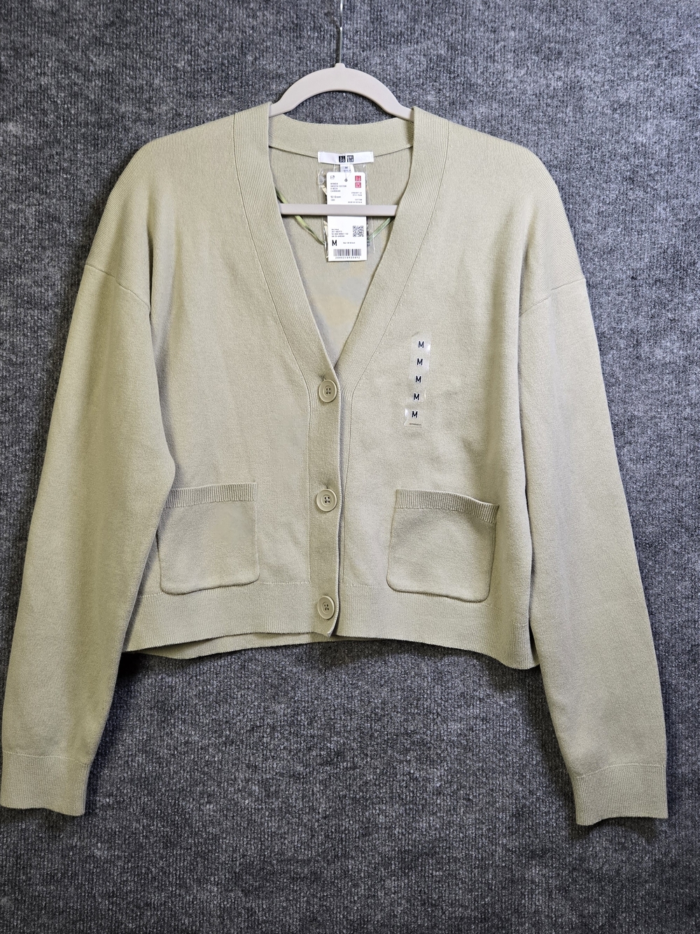 Uniqlo Cardigan Womens M Sage Green Cropped V Neck Pockets Academia New